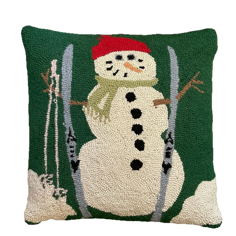 Snowman With Skis Hooked Rug Style Pillow 18” X 18” Holidays Christmas